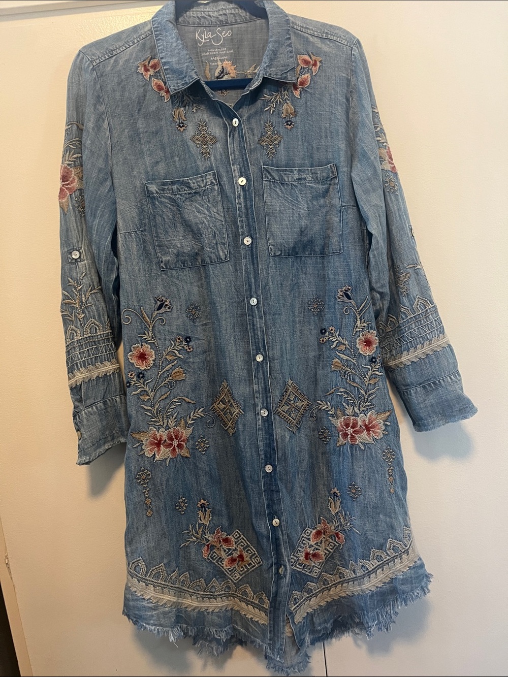 Kyla Seo sz M Denim Embroidered Jean Dress with pockets and fringe bottom